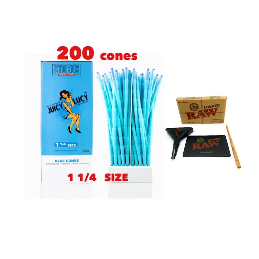 JUICY LUCY blue cone 1 1/4 size 200 cones + RAW 1 1/4  lean size loader